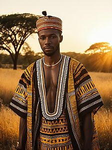 Man in Traditional African Outfit Photorealistic Outdoor Portrait at Golden Hour