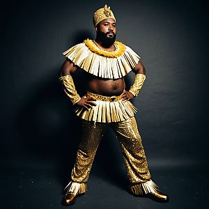 Confident Dark-Skinned Man in Gold Samba Costume