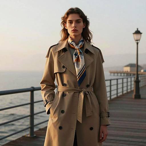 Woman Wearing Beige Trench Coat and Silk Scarf on Pier by the Sea