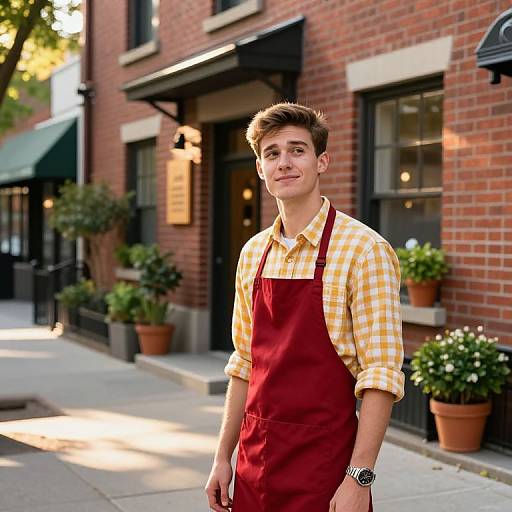 Young Man in Red Apron Standing Outside Urban Cafe