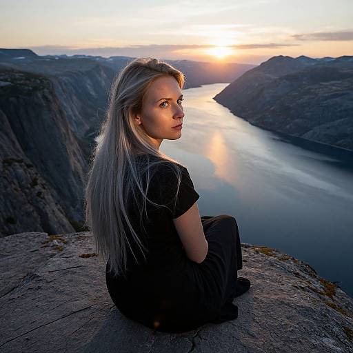 Woman Sitting on Cliff Overlooking Fjord at Sunset
