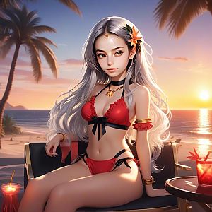 Young Woman in Red Bikini at Sunset
