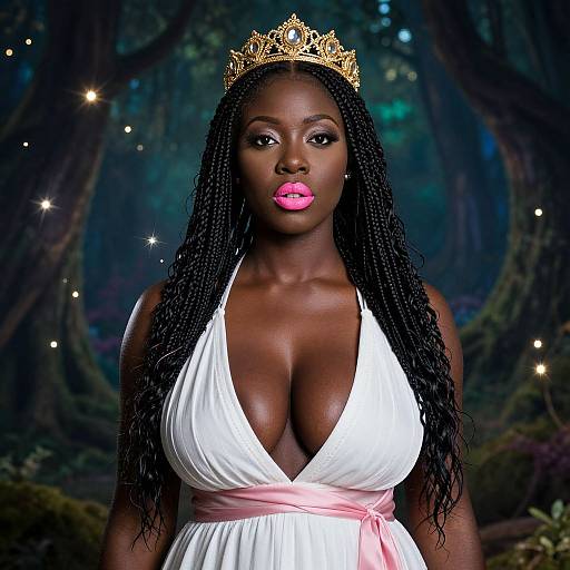 Black Woman in White Dress and Gold Tiara in Enchanted Forest
