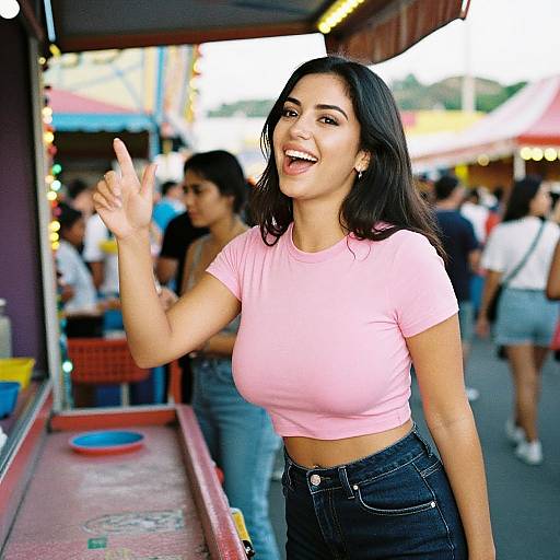 Happy Young Woman Playing Game at Fairground in Pink Top