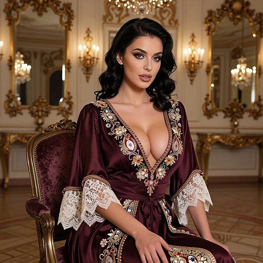 Elegant Woman in Embroidered Renaissance-Style Burgundy Gown in Luxurious Vintage Setting
