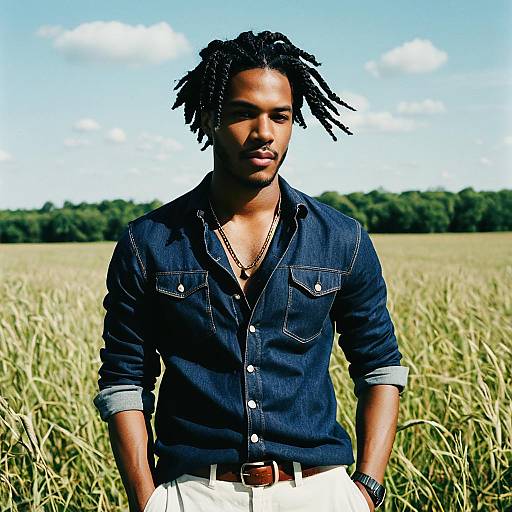 Young Man in Denim Shirt Standing in Sunny Field Outdoors