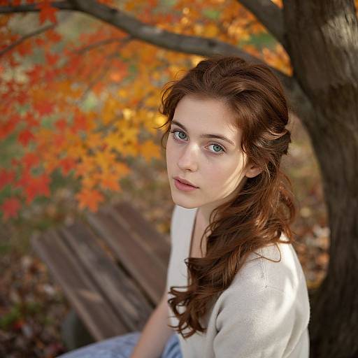 Young Woman Sitting on Bench with Autumn Leaves Background