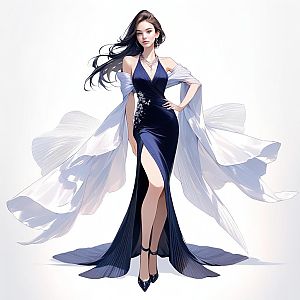 Confident Woman in Elegant Blue Evening Gown