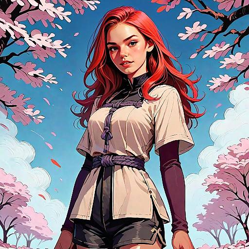 Anime Style Portrait of Woman with Red Hair and Cherry Blossoms