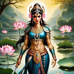 Majestic Woman in Golden Armor at Lotus Pond