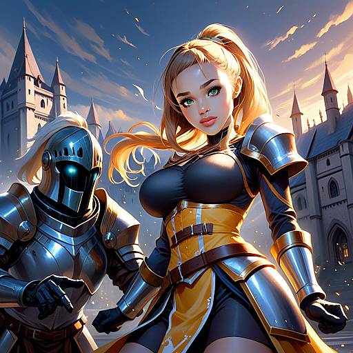 Fantasy Woman Knight and Armored Male Knight at Medieval Castle Illustration