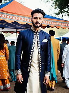 Man in Embroidered Navy Blue Sherwani at Cultural Festival