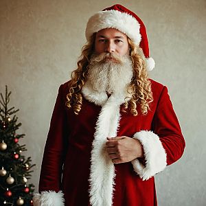 Man in Santa Claus Costume with Curly Hair and Beard Near Christmas Tree