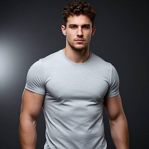 Portrait of Young Man in Gray T-Shirt with Athletic Build