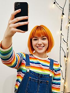 Young Woman Taking Selfie Wearing Rainbow Shirt and Denim Overalls