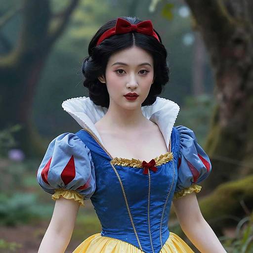 Young Woman in Snow White Costume in Forest Setting