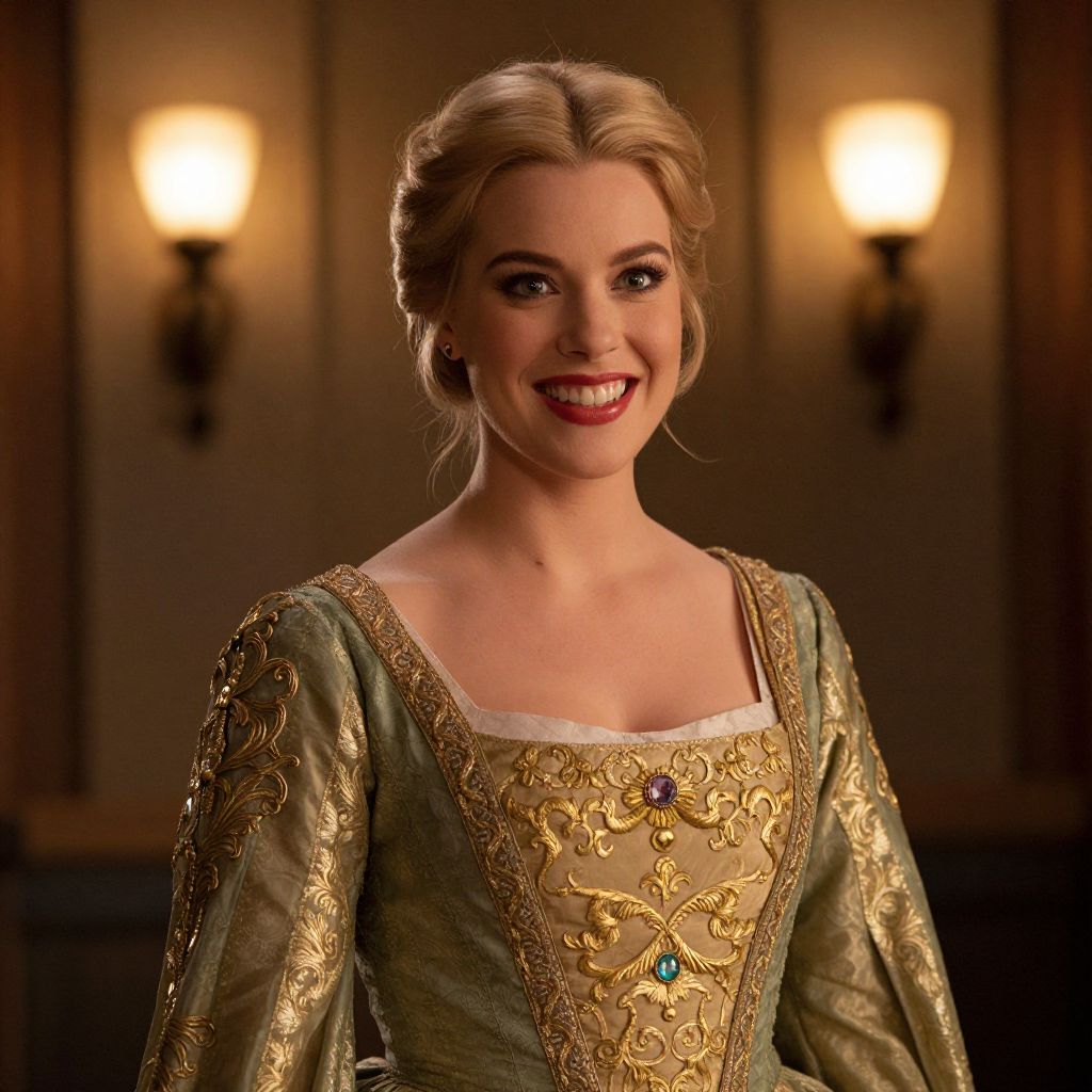 Smiling Woman in Ornate Renaissance-Style Gown with Gold Embroidery