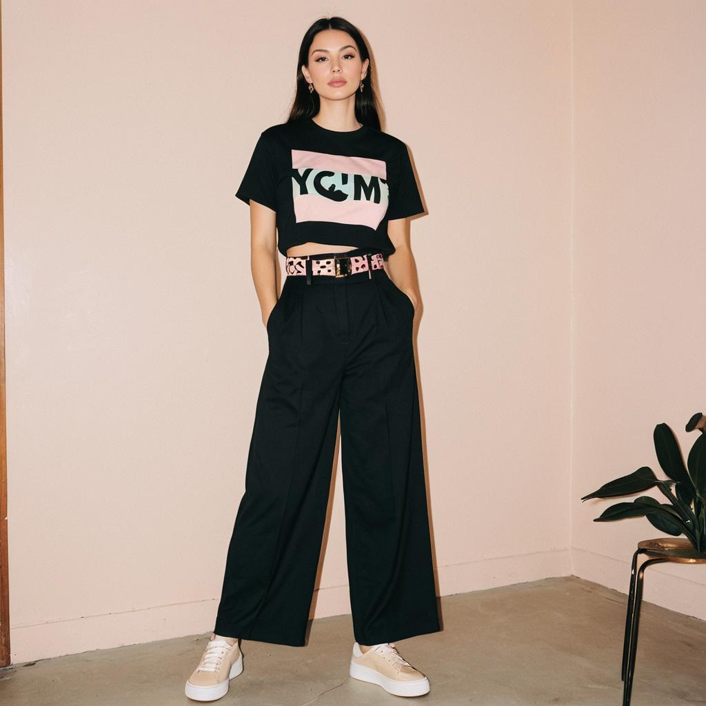 Modern Casual Fashion Woman in Black Cropped T-Shirt and Wide-Leg Pants