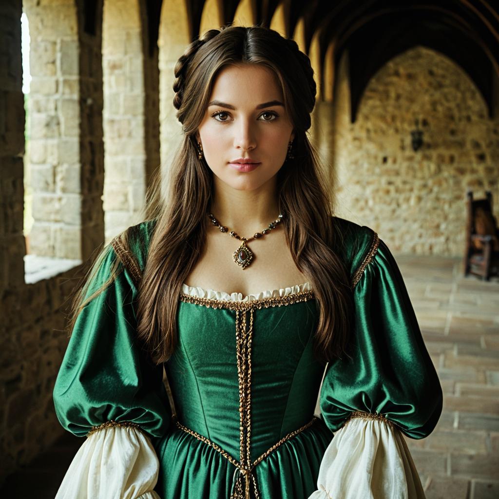 Renaissance Woman in Elegant Green Gown Standing in Stone Corridor