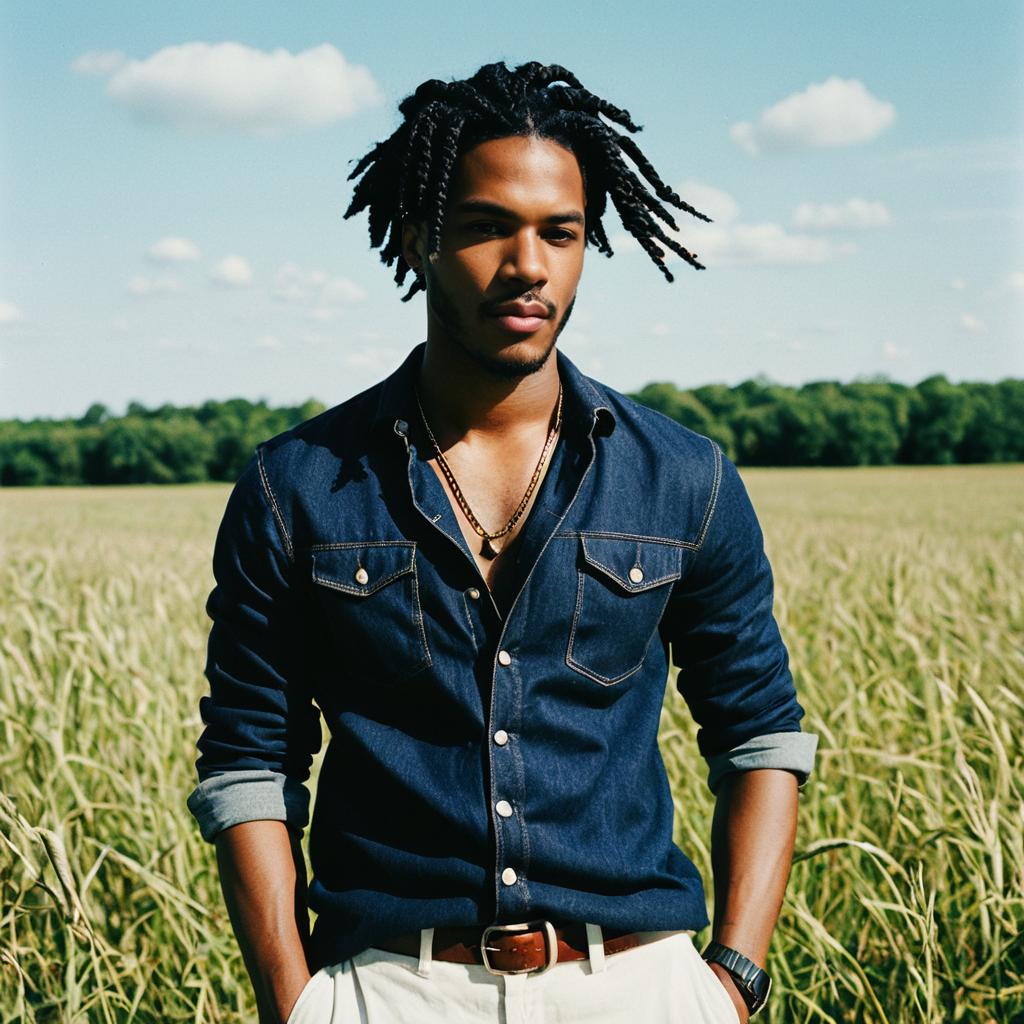 Young Man in Denim Shirt Standing in Sunny Field Outdoors