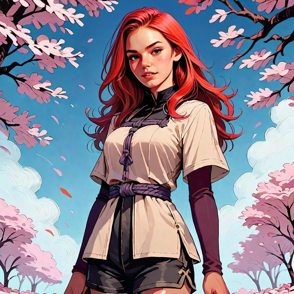 Anime Style Portrait of Woman with Red Hair and Cherry Blossoms