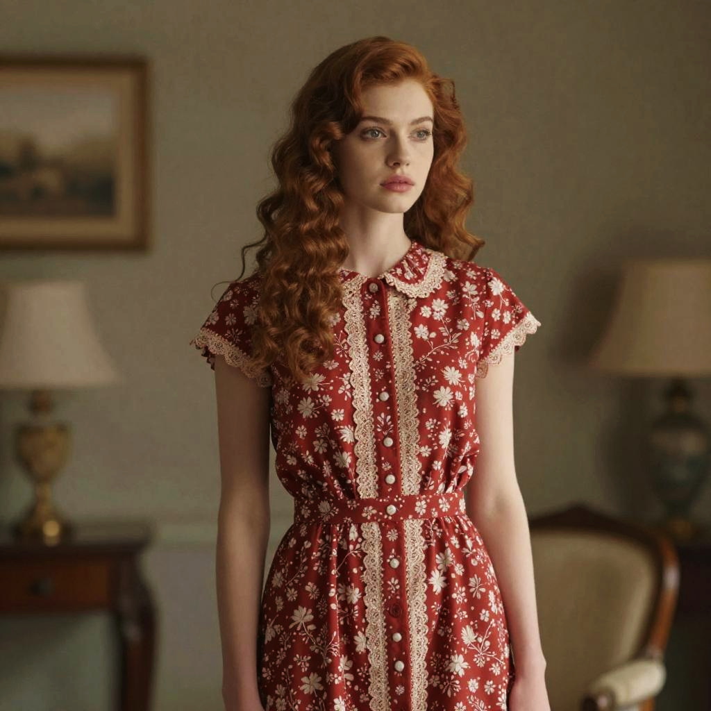 Vintage Style Woman in Red Floral Dress with Curly Hair Indoors
