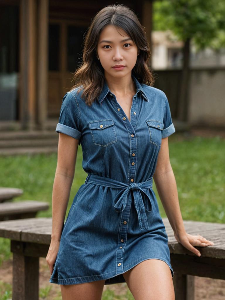 Woman in Stylish Denim Dress on Bench