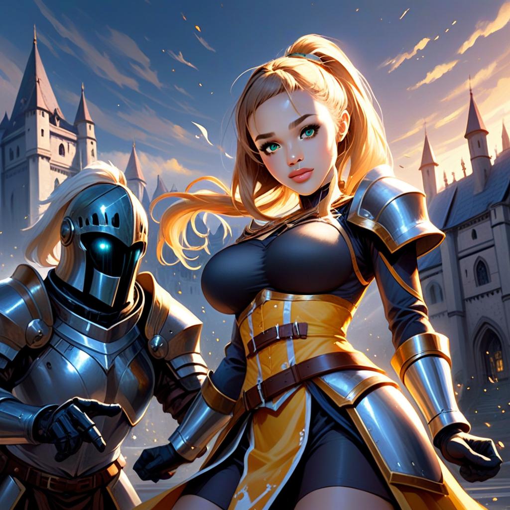 Fantasy Woman Knight and Armored Male Knight at Medieval Castle Illustration