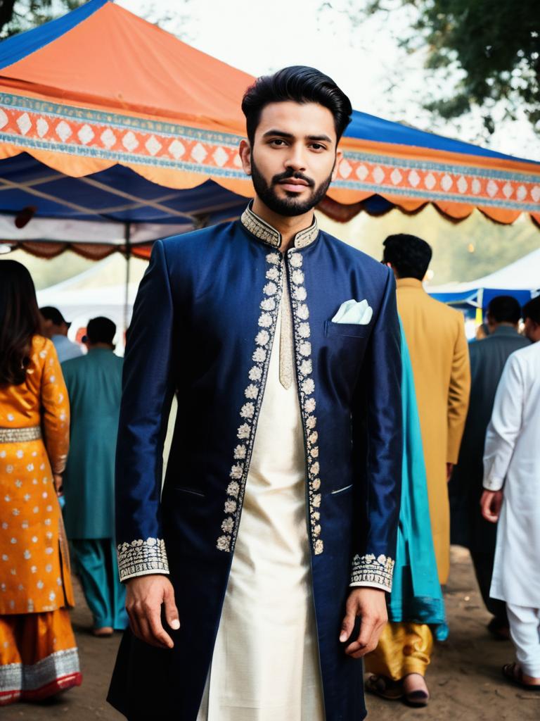 Man in Embroidered Navy Blue Sherwani at Cultural Festival