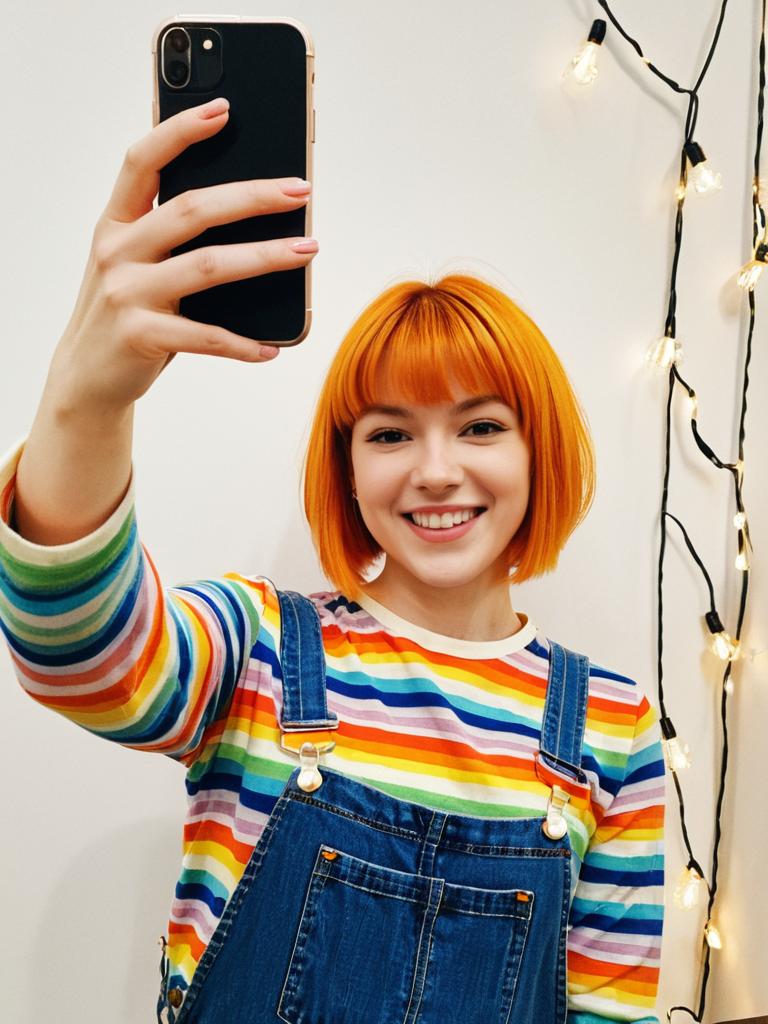 Young Woman Taking Selfie Wearing Rainbow Shirt and Denim Overalls