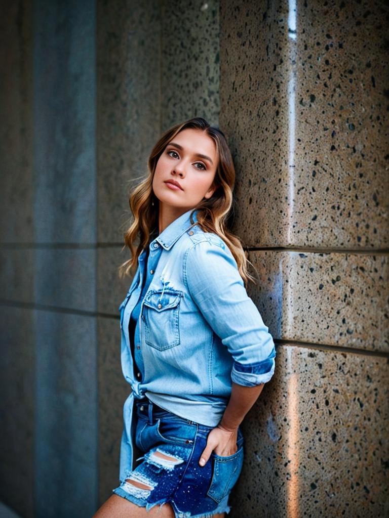 Stylish Woman in Denim Outfit Against Stone Wall