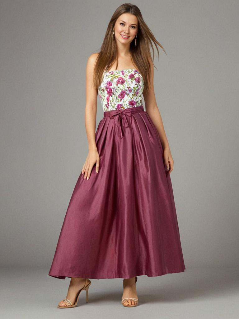 Model in Floral Top and Satin Mauve Skirt