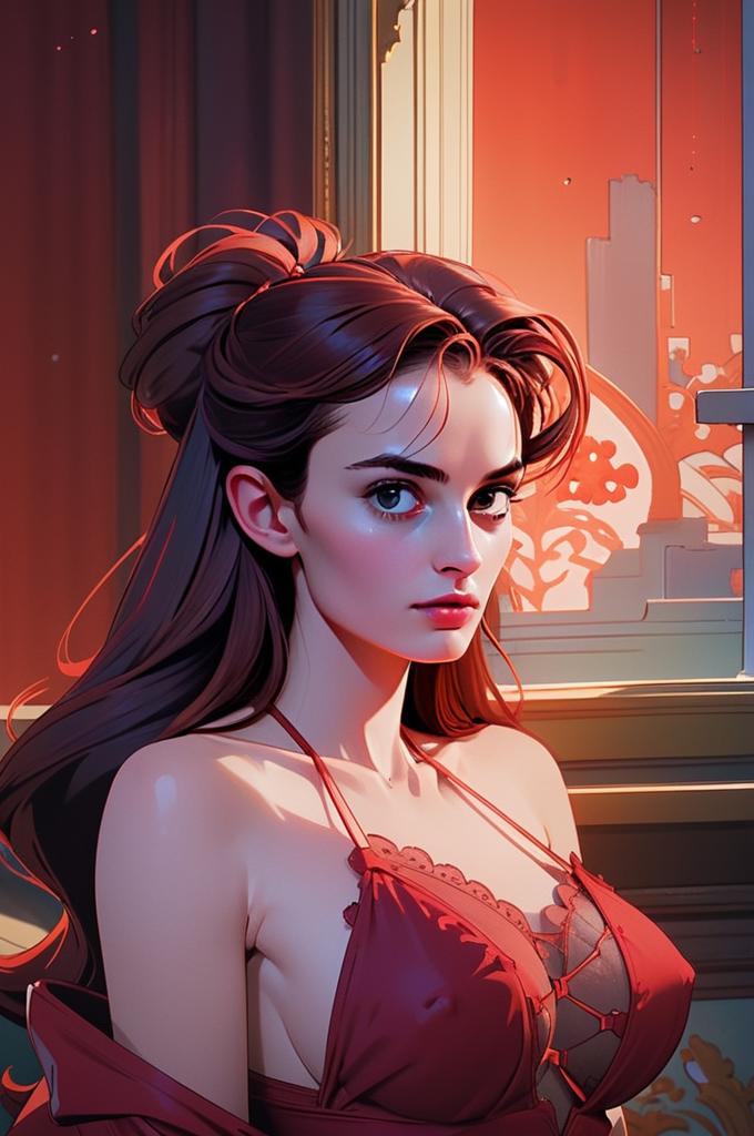 Digital Illustration of Woman in Red Lingerie with Warm Interior Lighting