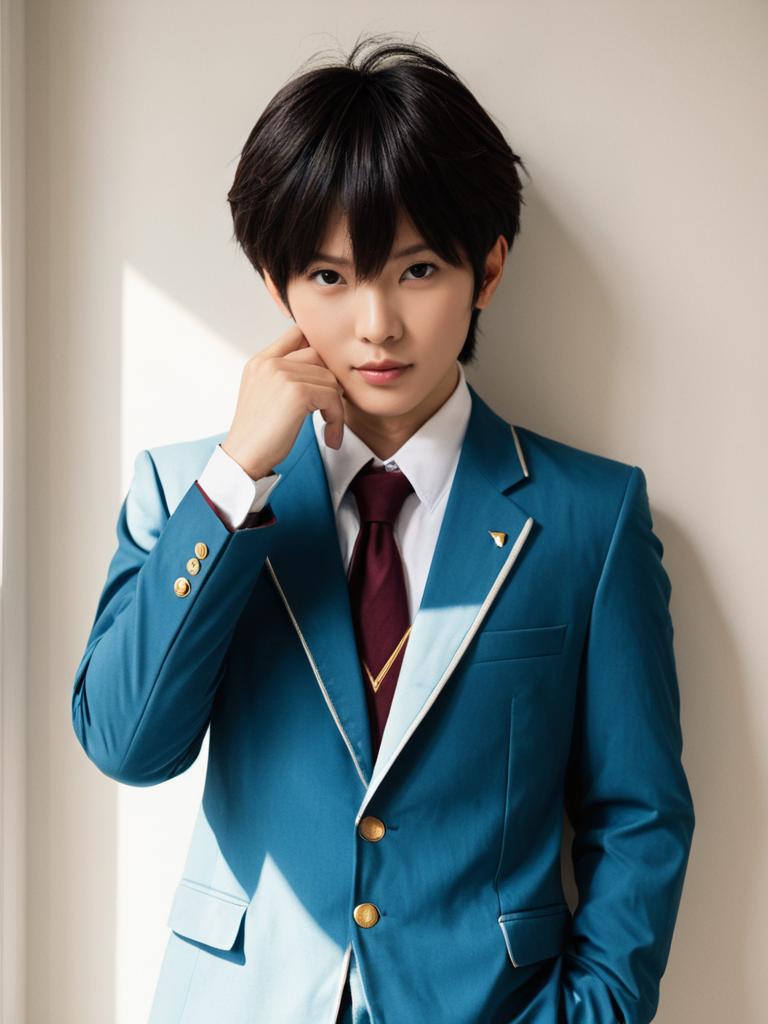 Realistic Shinichi Izumi Cosplay Man in Blue School Uniform