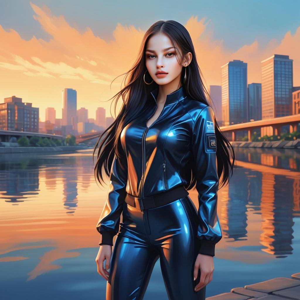 Stylish Woman in Black Leather Outfit by City River at Sunset Digital Art