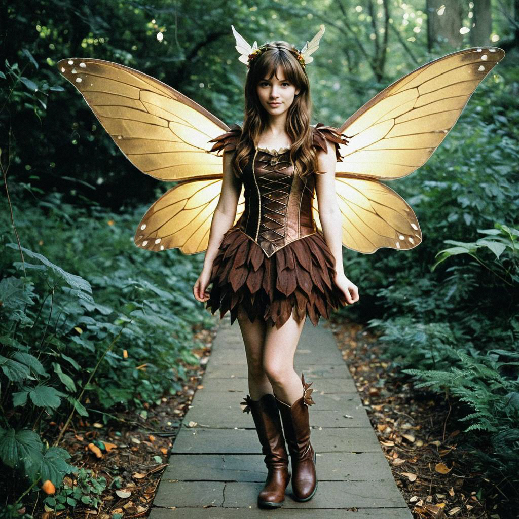 Young Woman in Fairy Costume on Forest Path Young Woman in Fairy Costume on Forest Path