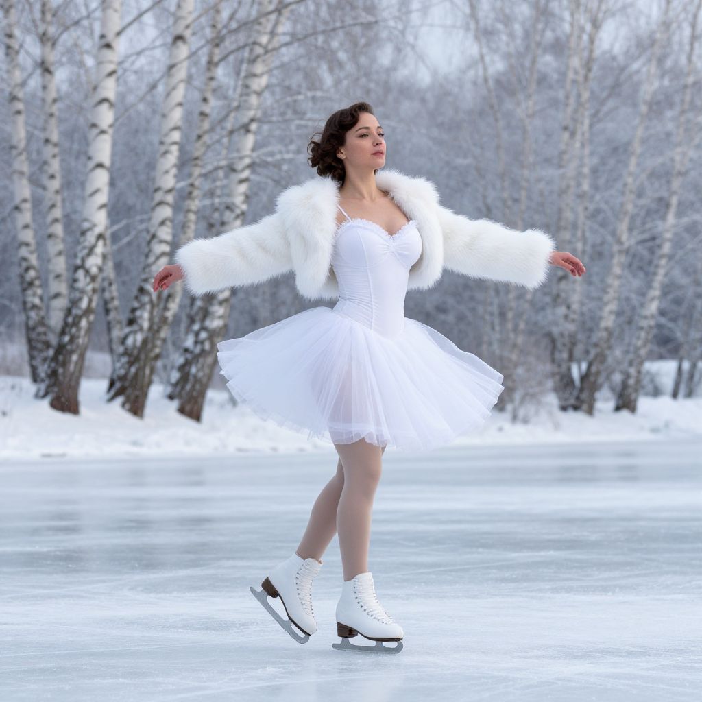 Elegant Woman Ballet Skater on Frozen Lake in Winter Landscape