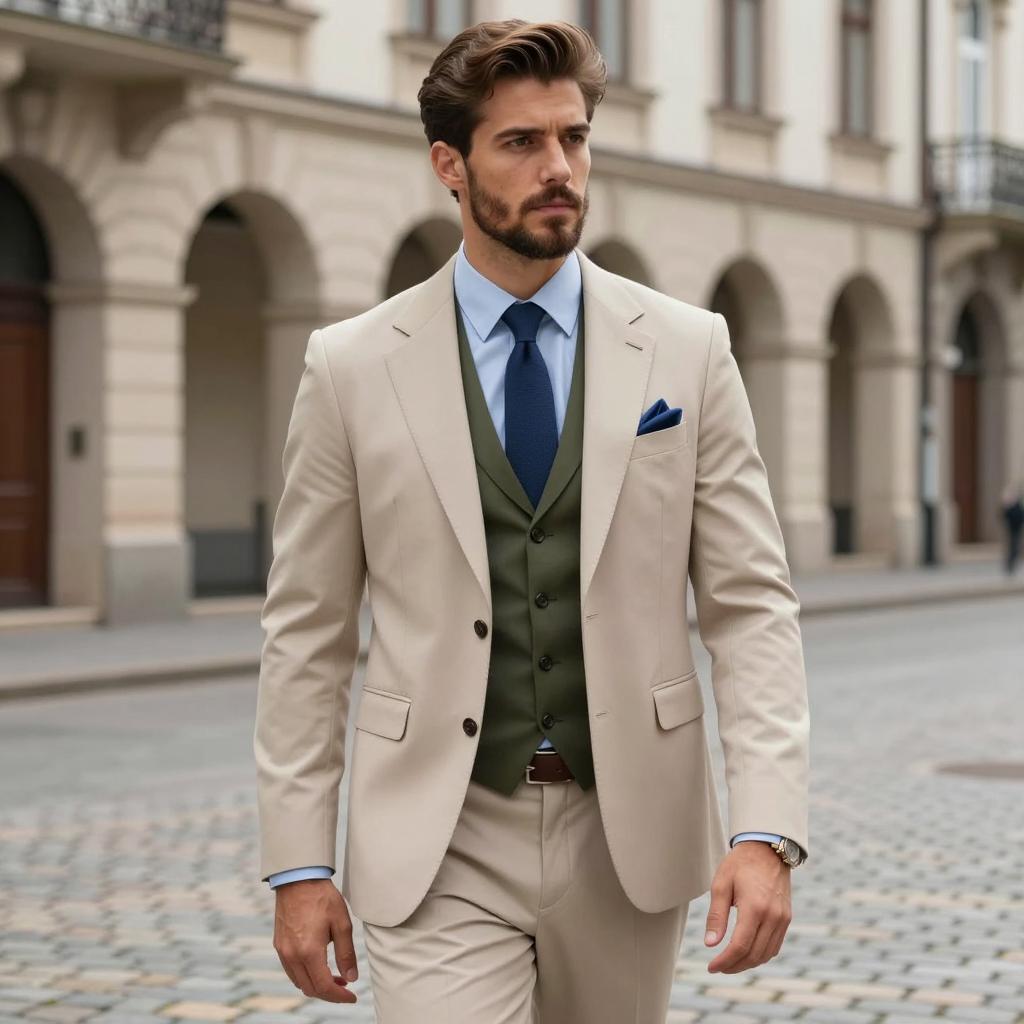Stylish Man in Beige Suit with Olive Green Vest and Navy Tie Walking Urban Street