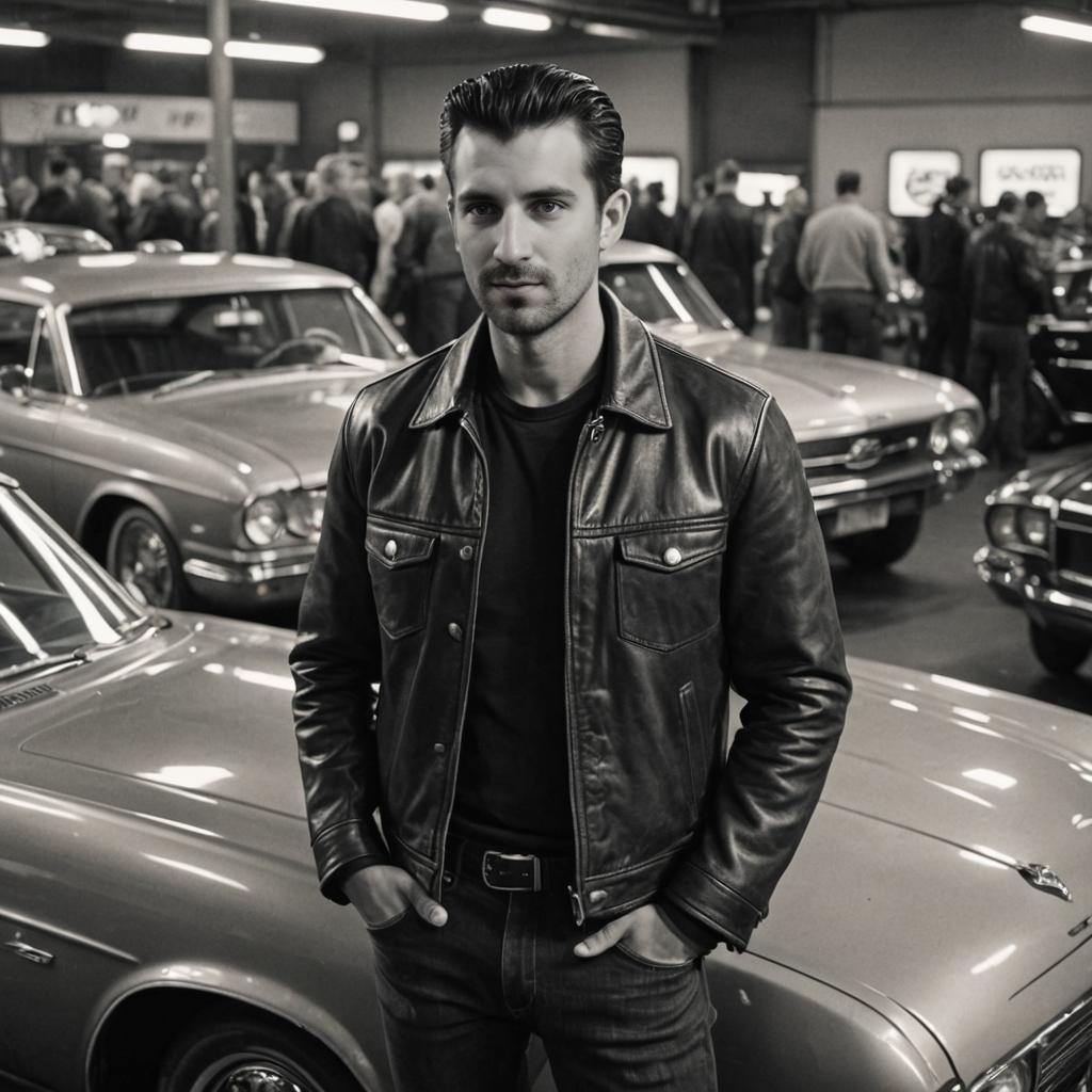 Vintage Man in Leather Jacket at Car Exhibition