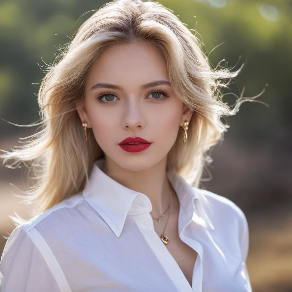 Blonde Woman Warm Outdoor Portrait with Red Lipstick and White Blouse