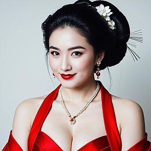 Modern Geisha Hairstyle with Elegant Jewelry and Red Dress Woman