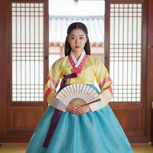 Young Woman in Traditional Korean Hanbok Holding Fan Indoors