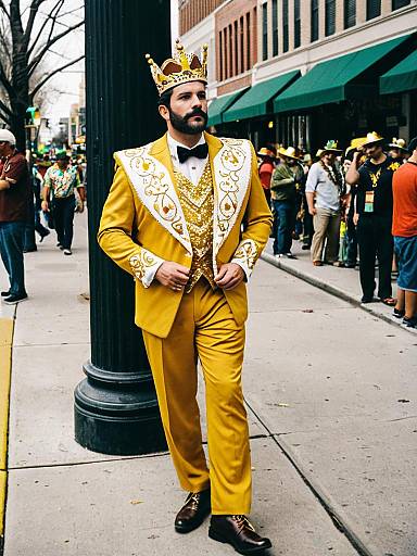 Mardi Gras King in Golden Costume and Crown on City Street