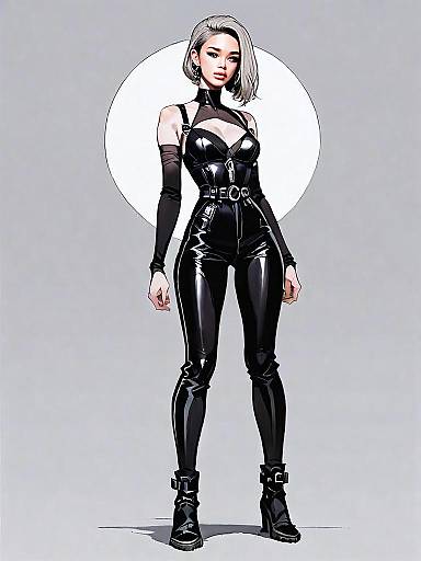 Realistic Comic Style Woman in Black Leather Full Body Outfit