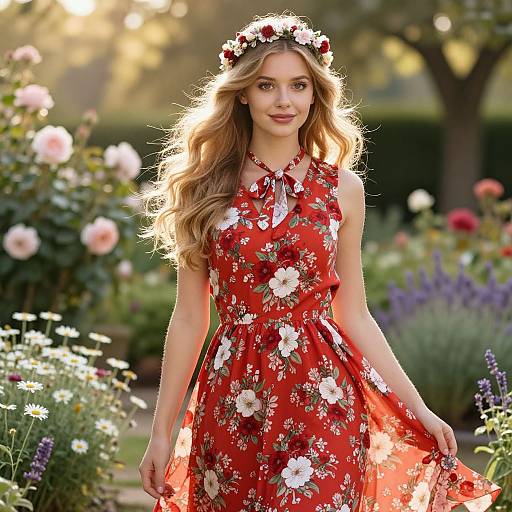 Young Woman in Red Floral Dress with Flower Crown in Garden
