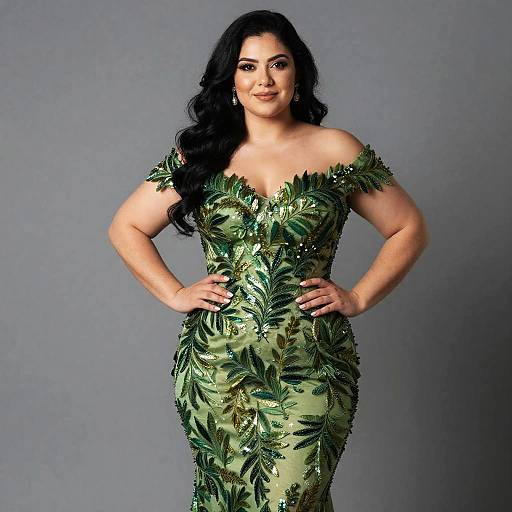 Confident Woman in Elegant Green Leaf-Patterned Evening Gown