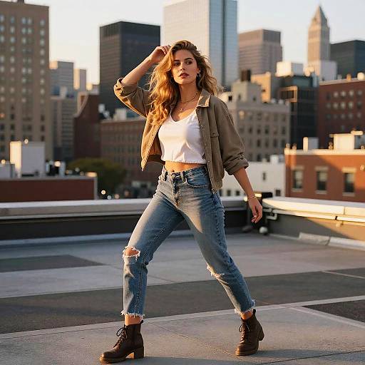 Gen Z Fashion Woman on Rooftop with City Skyline