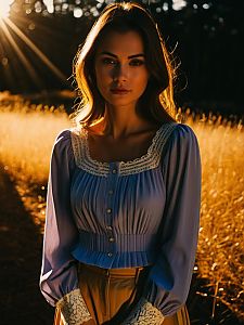 Woman in Vintage Blue Blouse Standing in Golden Hour Field