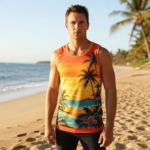 Man in Tropical Tank Top Standing on Beach at Sunset