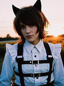 Man in Femboy Costume with Cat Ears Outdoors at Sunset Cosplay Portrait